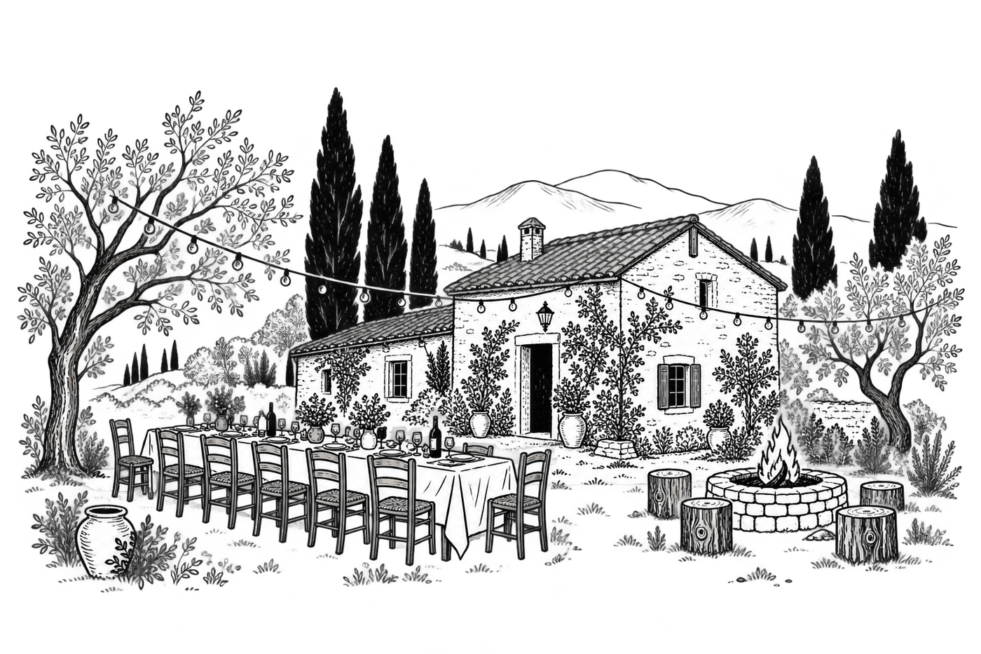Иллюстрация Salty Garden Tavern: каменный дом, длинный стол с гирляндой огней и костёр во дворе
